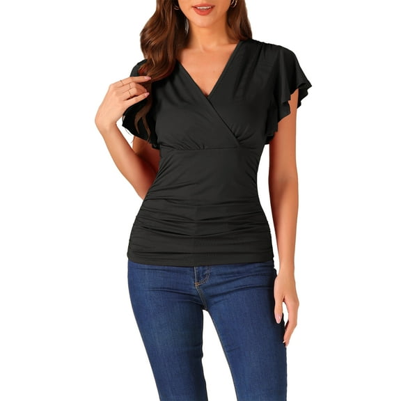 INSPIRE CHIC Faux Wrap Blouse for Women's Summer V Neck Ruffle Sleeve Casual Blouse Top S Black