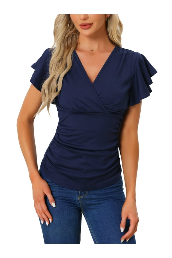 Faux Wrap Blouse for Women's Summer V Neck Ruffle Sleeve Casual Blouse Top S Dark Blue