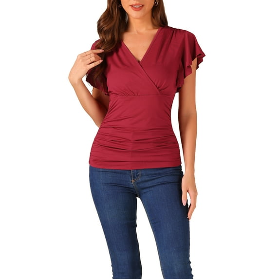 INSPIRE CHIC Faux Wrap Blouse for Women's Summer V Neck Ruffle Sleeve Casual Blouse Top S Dark Red