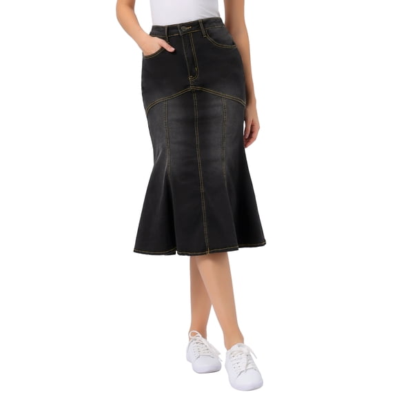 Allegra K Fishtail Denim Skirt for Women's Washed Midi Jean Bodycon Skirt M Black