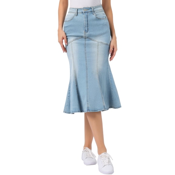 Allegra K Fishtail Denim Skirt for Women's Washed Midi Jean Bodycon Skirt XS Light Blue