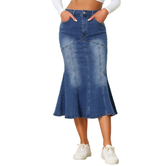 INSPIRE CHIC Fishtail Denim Skirt for Women's Washed Midi Jean Bodycon Skirt XL Blue