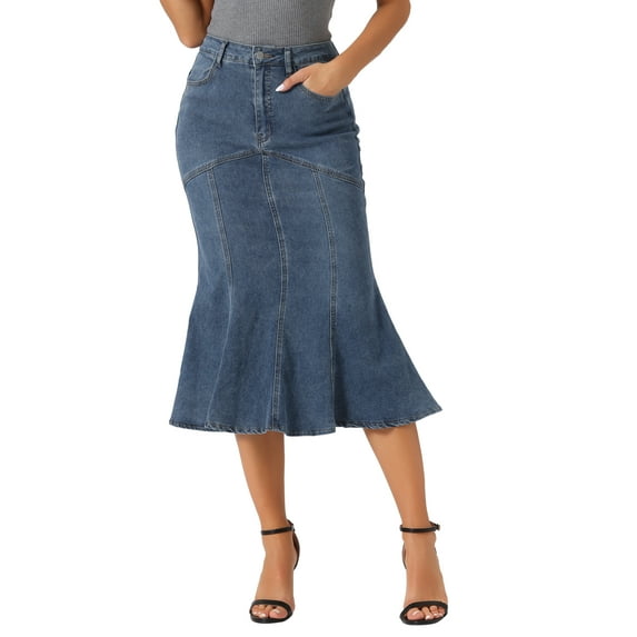 INSPIRE CHIC Fishtail Denim Skirt for Women's Washed Midi Jean Bodycon Skirt M Grey Blue
