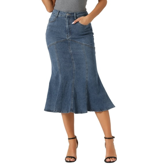 INSPIRE CHIC Fishtail Denim Skirt for Women's Washed Midi Jean Bodycon Skirt M Grey Blue