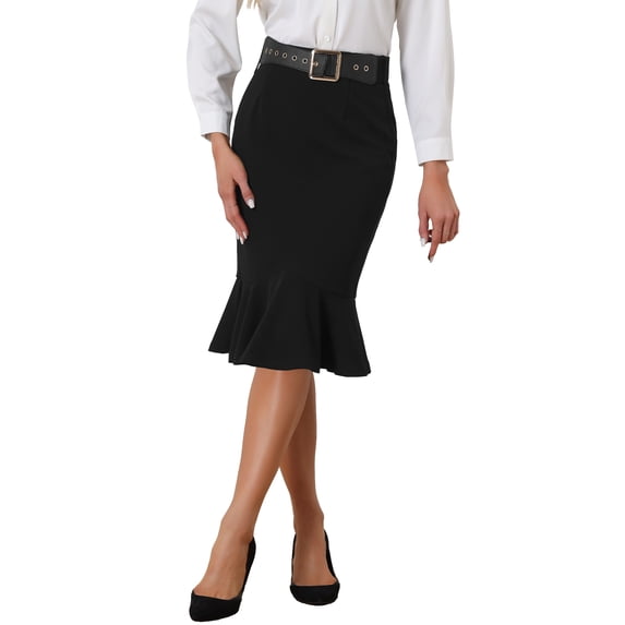 INSPIRE CHIC Fishtail Mermaid Skirt for Women's High Waisted Peplum Midi Pencil Skirt Work Business Skirt with Belt XS Black