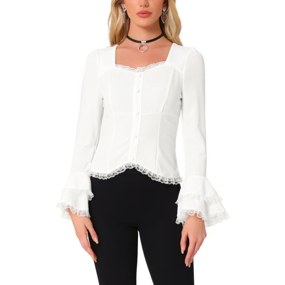 INSPIRE CHIC Flare Bell Sleeve Tops for Women's Lace Square Neck Button Down Shirts