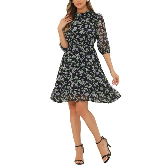 INSPIRE CHIC Floral A-Line Dress for Women's Casual Mock Neck Fit and Flare Chiffon Dress