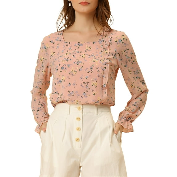 INSPIRE CHIC Floral Blouse for Women's Square Neck Ruffle Casual Long Sleeve Top Pink M