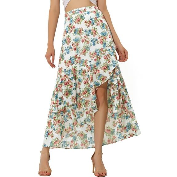INSPIRE CHIC Floral Chiffon Skirt for Women's High Waist Ruffle Hem Tiered Skirt XS White