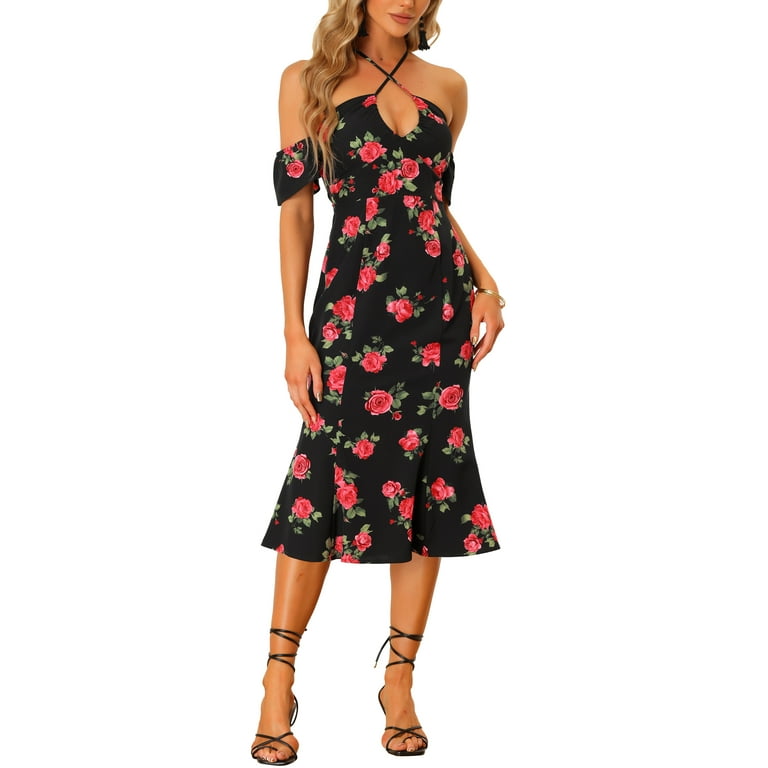 Bow Tie Waist Floral Patterned Off-shoulder Dress Bow Tie Waist Floral Patterned Off-shoulder Dress