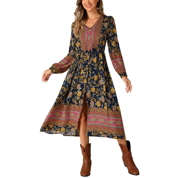 INSPIRE CHIC Floral Women's Long Sleeve V Neck Elastic Waist Split A-Line Summer Midi Dresses XS Blue