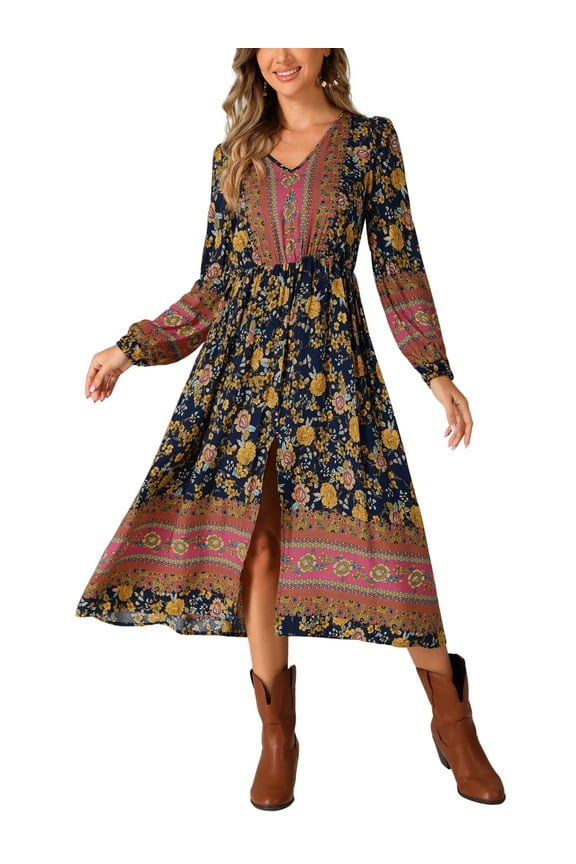 INSPIRE CHIC Floral Dress for Women's Long Sleeve V Neck Elastic Waist Split A-Line Summer Midi Dresses XS Blue