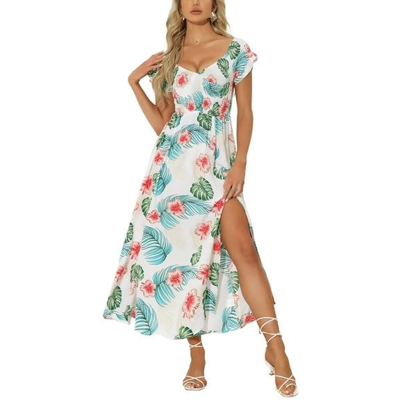 INSPIRE CHIC Floral Dresses for Women's Off Shoulder Midi Beach Summer Dress S White