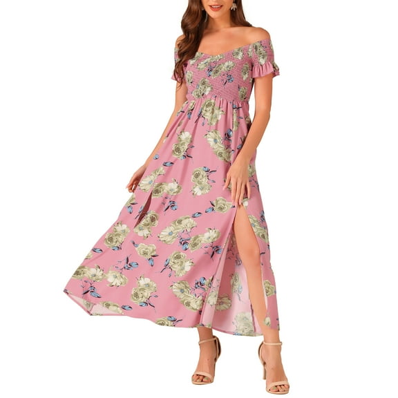 INSPIRE CHIC Floral Dresses for Women's Off Shoulder Midi Beach Summer Dress XL Pink