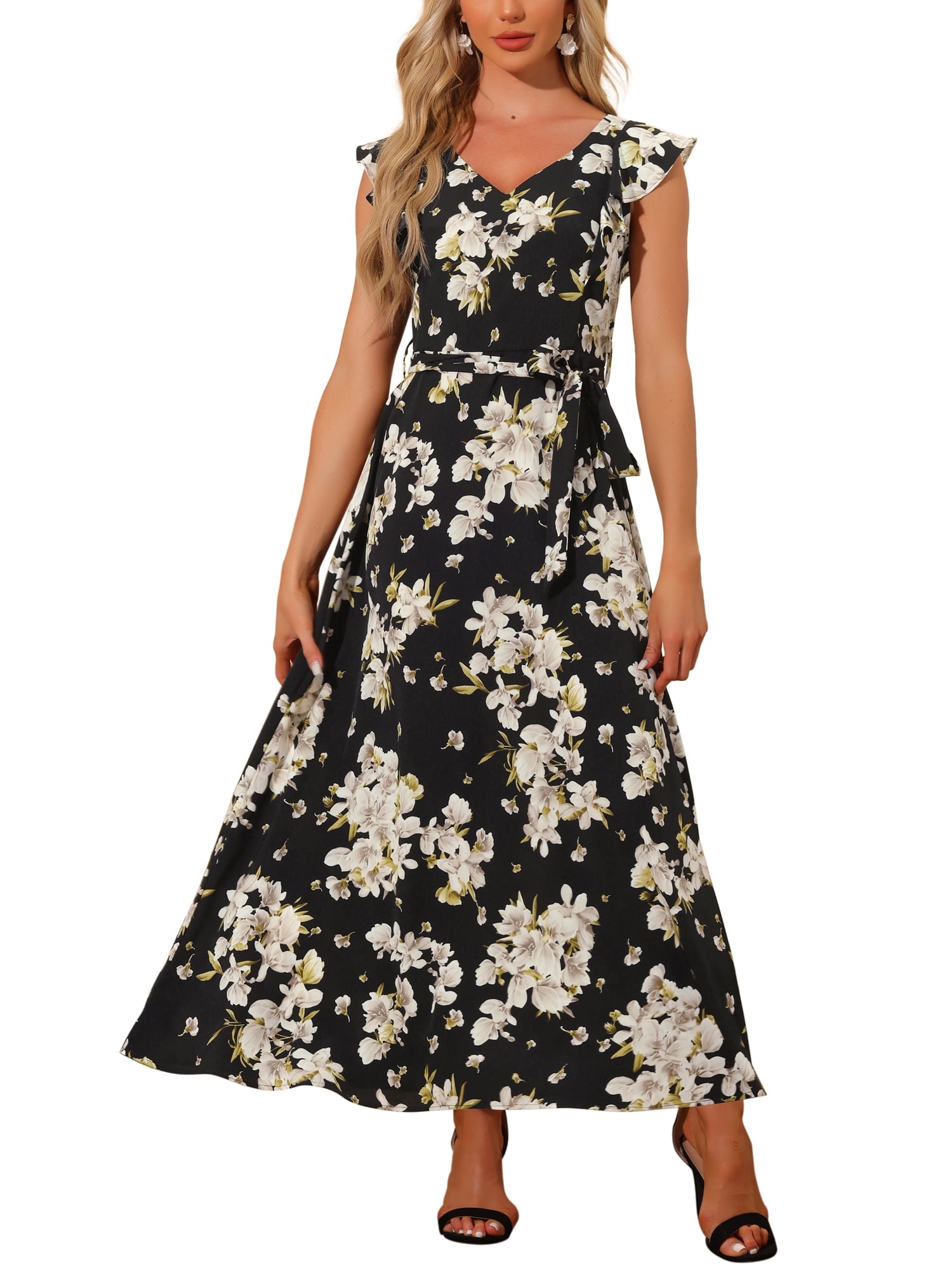 Allegra K Floral Dresses for Women's Vneck Cap Sleeves with Belt Maxi — free download
