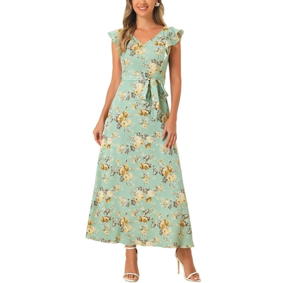 INSPIRE CHIC Floral Dresses for Women's V-neck Cap Sleeves with Belt Maxi Flare Dress