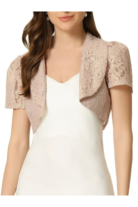 Floral Lace Shrug for Women's Lapel Collar Short Sleeves Elegant Bolero Cardigan L Pink