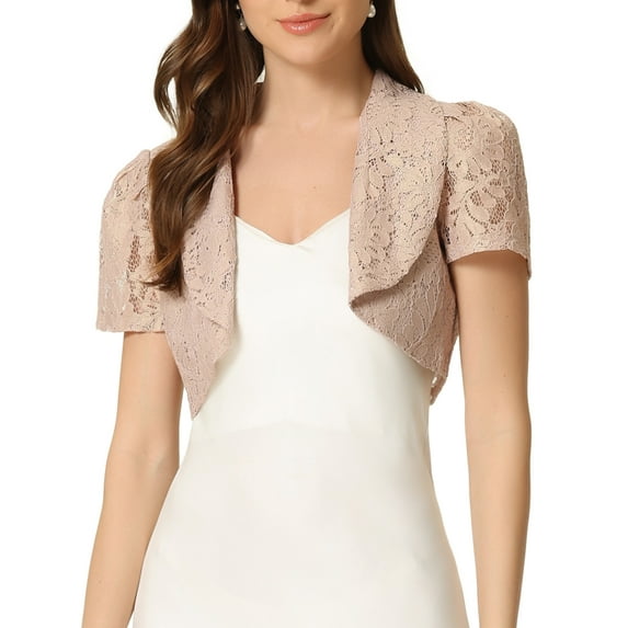 INSPIRE CHIC Floral Lace Shrug for Women's Lapel Collar Short Sleeves Elegant Bolero Cardigan M Pink