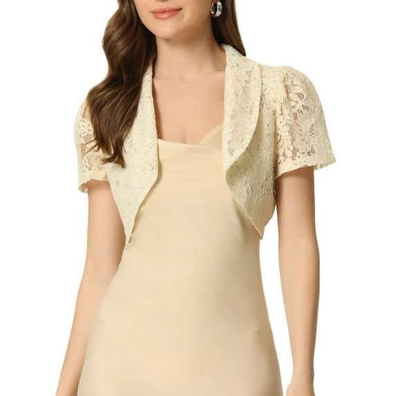 INSPIRE CHIC Floral Lace Shrug for Women's Lapel Collar Short Sleeves Elegant Bolero Cardigan XS Beige