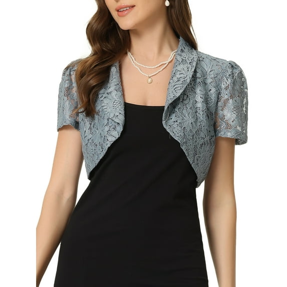 INSPIRE CHIC Floral Lace Shrug for Women's Lapel Collar Short Sleeves Elegant Bolero Cardigan XS Grey Blue