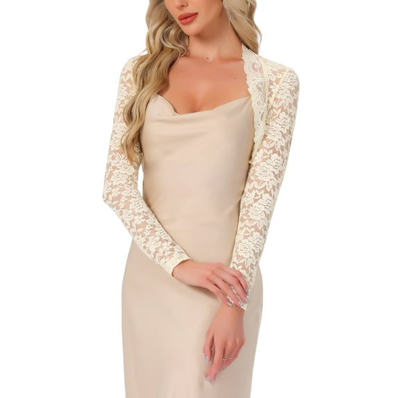 INSPIRE CHIC Valentine's Day Floral Lace Shrug for Women's Ruffle Evening Long Sleeve Open Front Cropped Cardigan XS Apricot