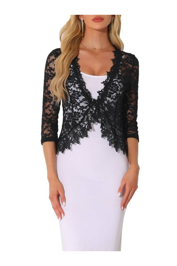Floral Lace Shrugs for Women's Evening 3/4 Sleeves Formal Elegant Bolero Cardigan XL Black