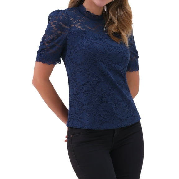 INSPIRE CHIC Floral Lace Top for Women's Mock Neck Puff Short Sleeve Elegant Lace Blouse Tops S Dark Blue