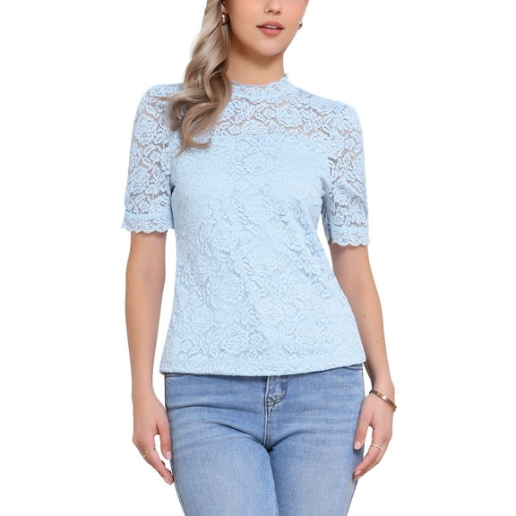 INSPIRE CHIC Floral Lace Top for Women's Mock Neck Puff Short Sleeve Elegant Lace Blouse Tops S Light Blue
