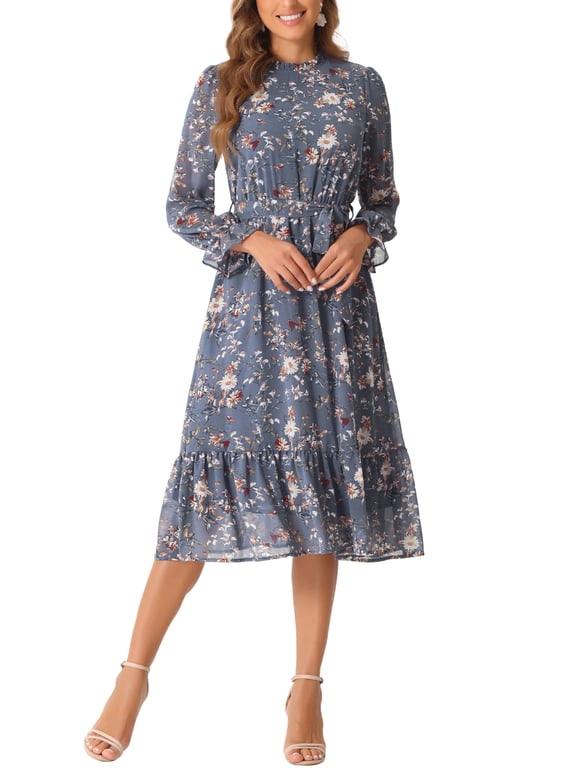 Women's Dress Floral Mock Neck Ruffle Long Sleeve Flowy Chiffon A-Line Midi Dresses Grey Blue M