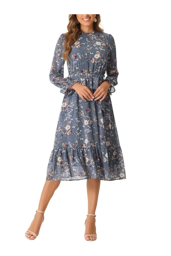 Women's Dress Floral Mock Neck Ruffle Long Sleeve Flowy Chiffon A-Line Midi Dresses XL Grey Blue