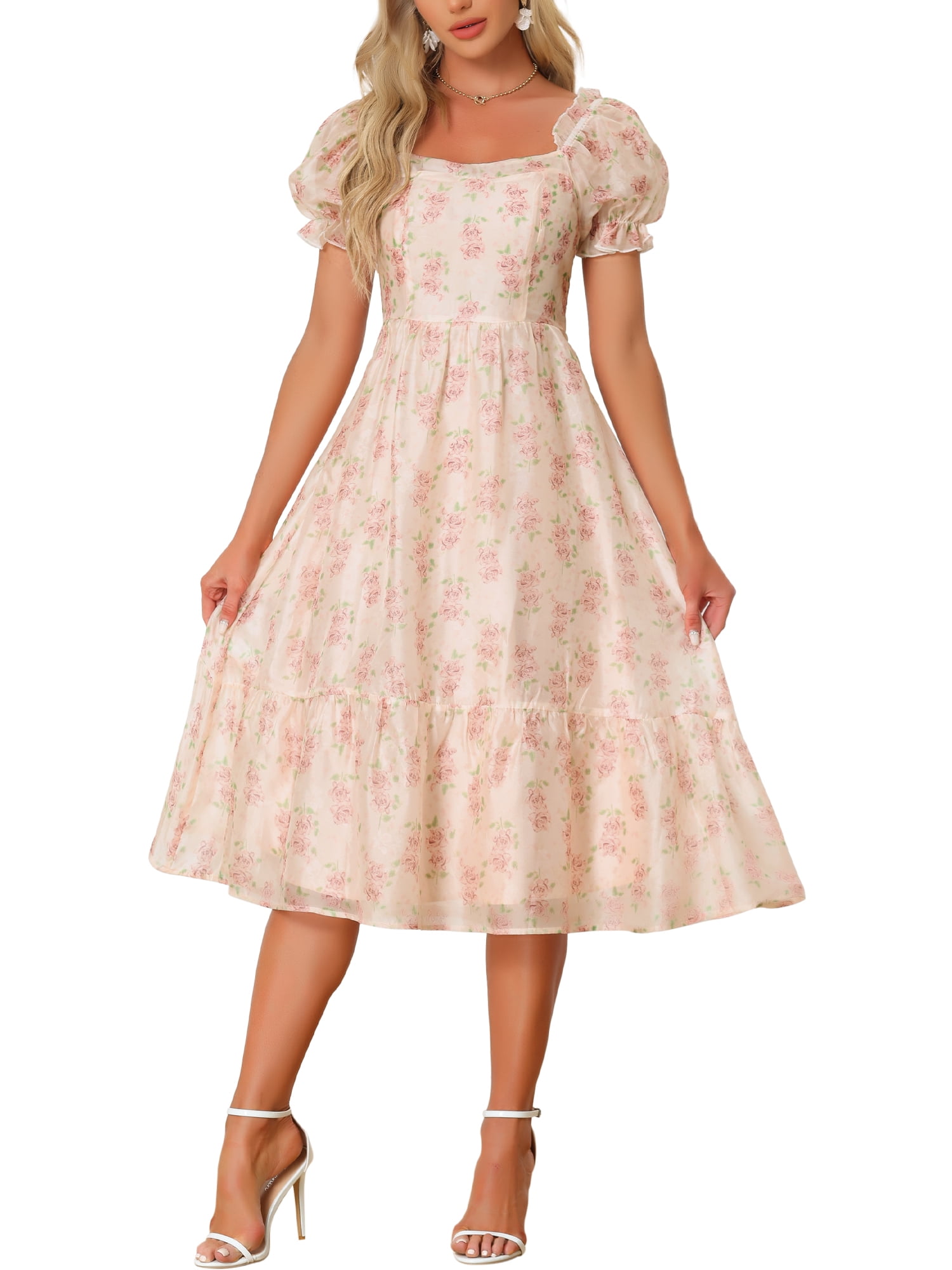 INSPIRE CHIC Floral Organza Dress for Women's Square Neck Puff Short Sleeve Midi  Dresses L Apricot - Walmart.com