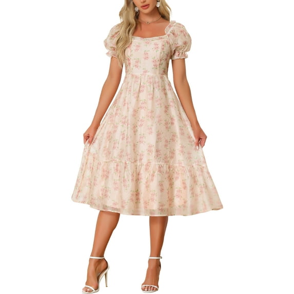 INSPIRE CHIC Floral Organza Dress for Women's Square Neck Puff Short Sleeve Midi Dresses XS Apricot