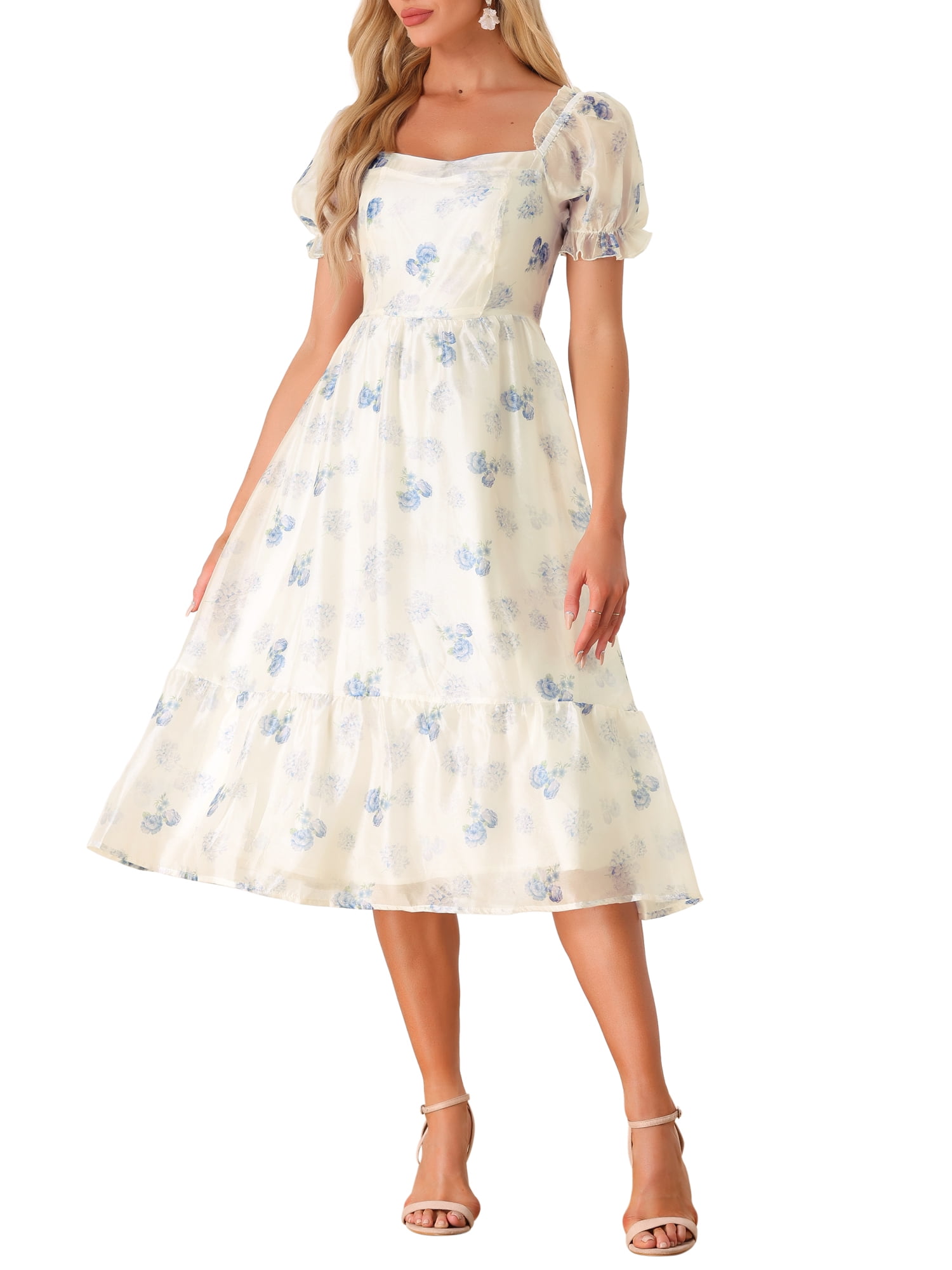knee length dresses for ladies Short Sleeve Floral Organza Shirt Dress main image 1