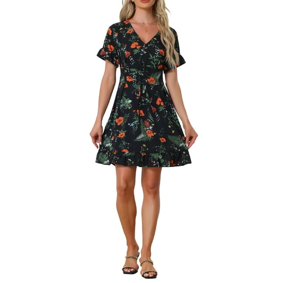 INSPIRE CHIC Floral Printed Dress for Women's Summer Short Sleeve Ruffle Hem Lace Up Cinched Waist Dress