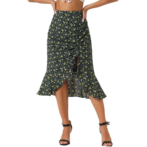 INSPIRE CHIC Floral Skirt for Women's Casual Drawstring Side Asymmetrical Ruffled Midi Skirt Black M