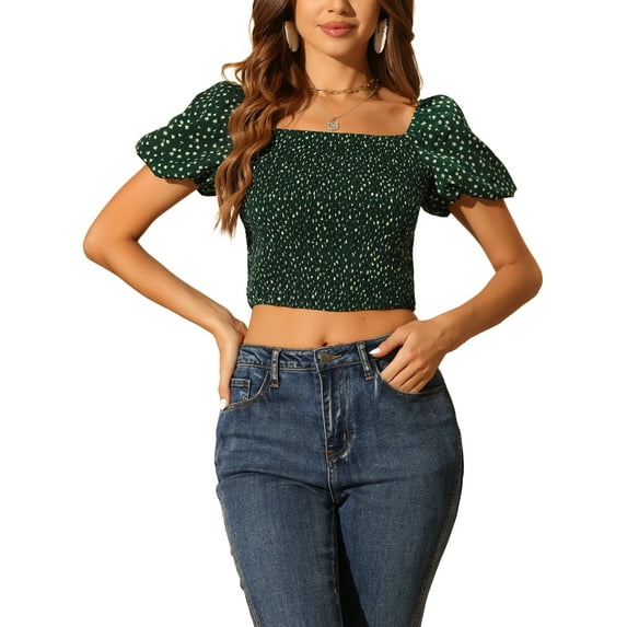 INSPIRE CHIC Floral Smocked Tops for Women's Puff Sleeve Crop Top Summer Casual Blouse Green M