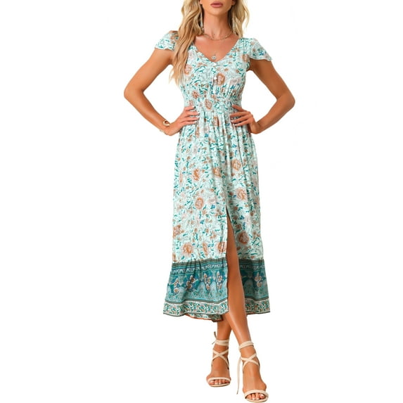 INSPIRE CHIC Floral Smocked Waist Dress for Women's Short Sleeves V Neck Long Boho Dress S Green