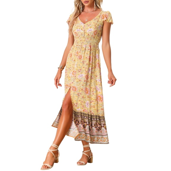 INSPIRE CHIC Floral Smocked Waist Summer Midi Dress for Women's Short Sleeves V Neck Long Boho Dress Yellow XS