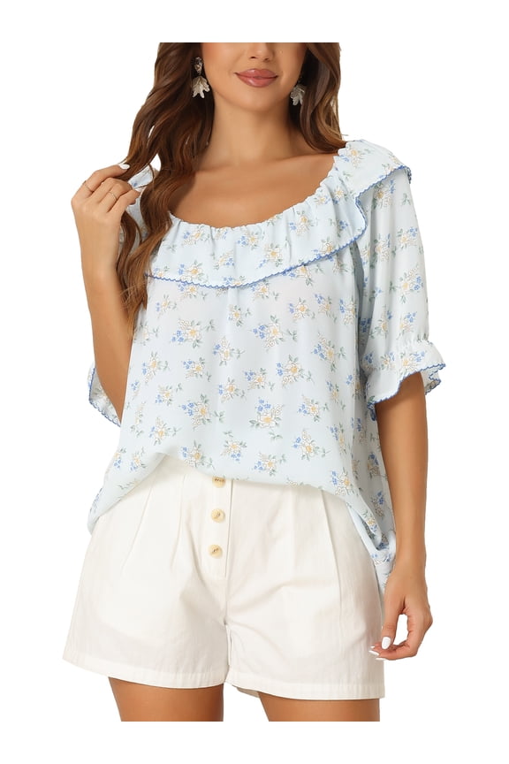 Floral Tops for Women's Smocked Ruffled Round Neck Half Puff Sleeves Blouse Light Blue M