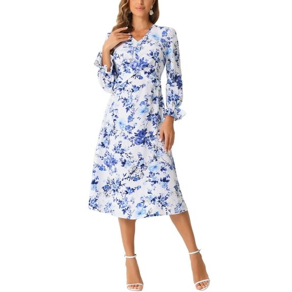 INSPIRE CHIC Floral V Neck Dress for Women's Twist Front Ruffle Long Sleeve Elegant Midi Dresses