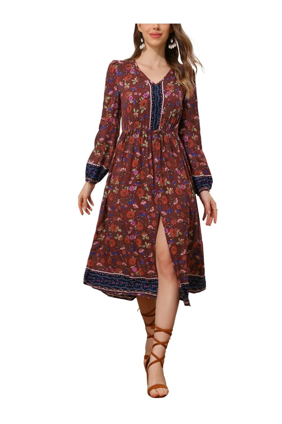 Floral Women's Long Sleeve V Neck Elastic Waist Split A-Line Summer Midi Dresses M Brown