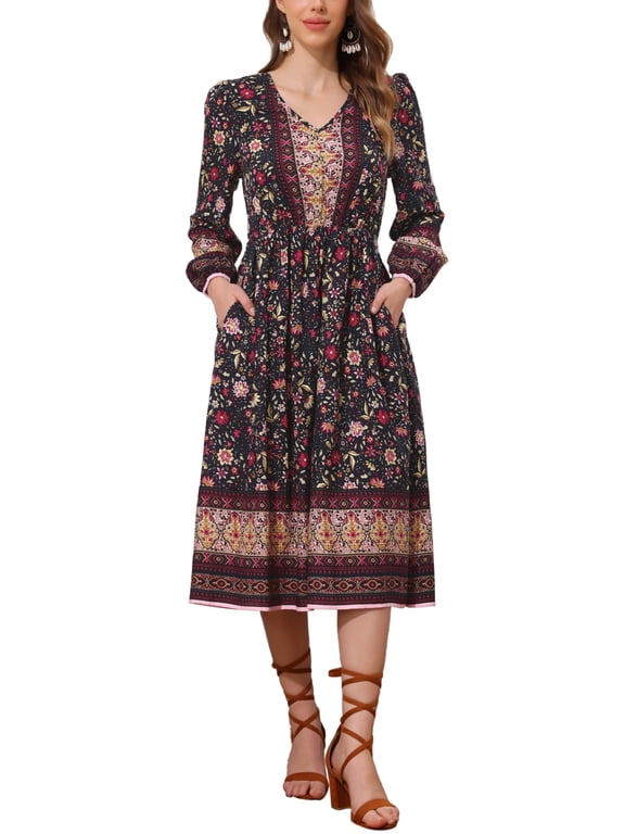 Floral Women's Long Sleeve V Neck Elastic Waist Split A-Line Summer Midi Dresses S Navy Blue