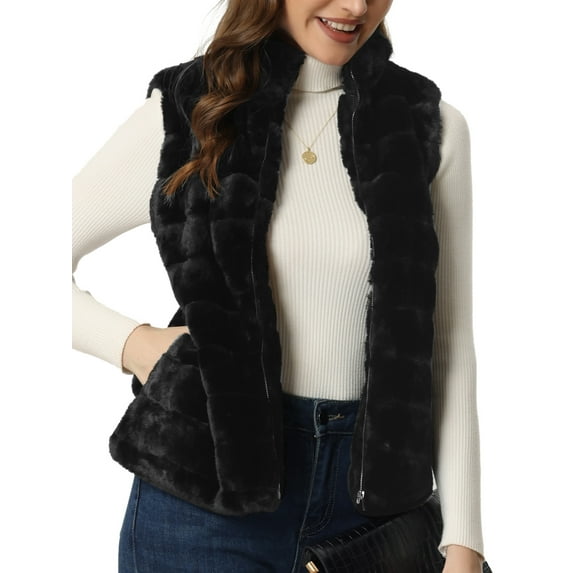 INSPIRE CHIC Stylish Faux Fur Vest for Women's Zip-Up Sleeveless Fur Jacket for Casual Wear XS Black