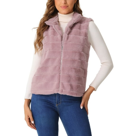INSPIRE CHIC Stylish Faux Fur Vest for Women's Zip-Up Sleeveless Fur Jacket for Casual Wear S Pink
