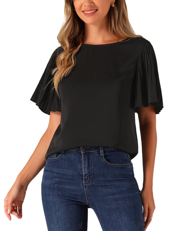 Flutter Sleeve Tops for Women's Round Neck Short Sleeve Blouse