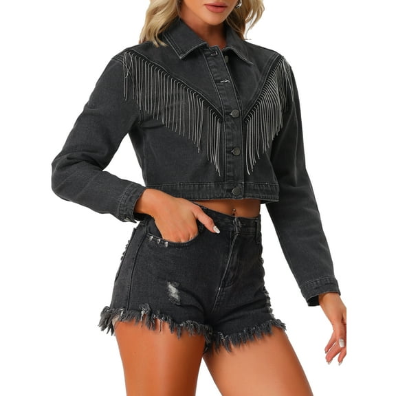 INSPIRE CHIC Fringe Denim Jacket for Women's Long Sleeve Button Down Casual Tassel Jean Jackets