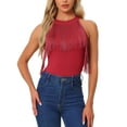 thumbnail image 1 of INSPIRE CHIC Women's Bodysuit Fringe Trim Sleeveless Halter Neck Bodycon Tops L Red, 1 of 6