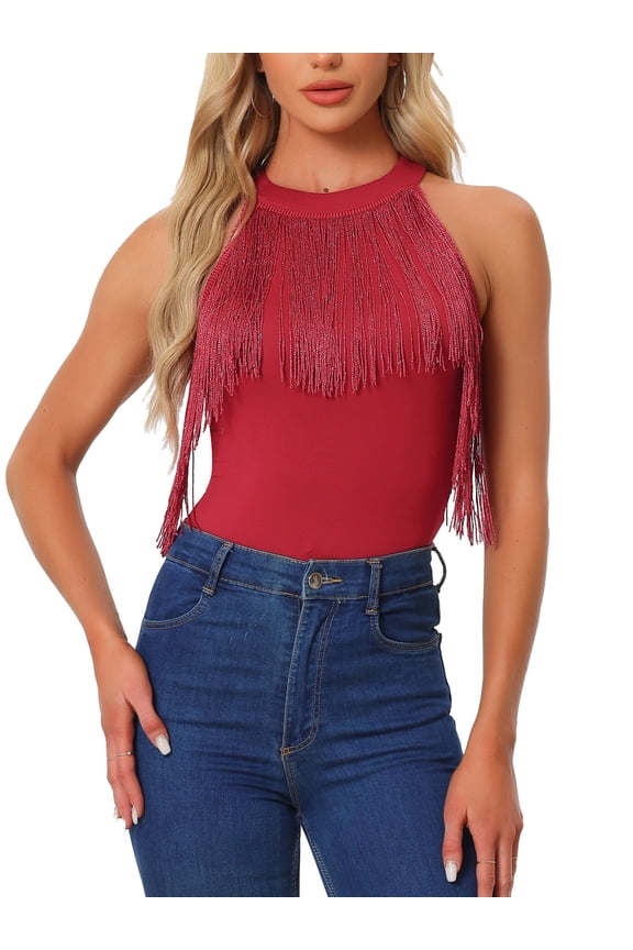 Women's Bodysuit Fringe Trim Sleeveless Halter Neck Bodycon Tops XL Red