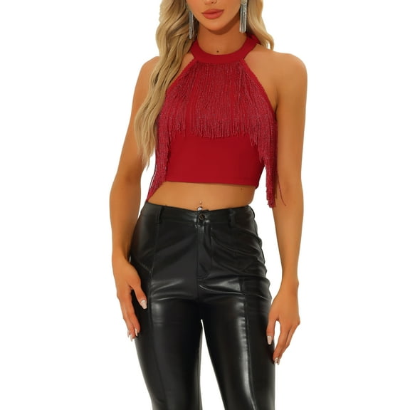 INSPIRE CHIC Fringe Women's Sparkly Sleeveless Tie Halter Neck Corset Tank Tops