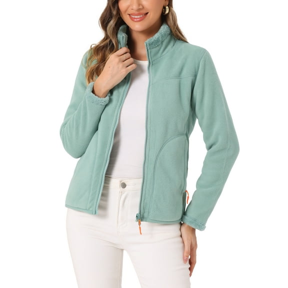 INSPIRE CHIC Full Zip Fleece Jacket for Women's Long Sleeve High Neck Winter Warm Coat M Green